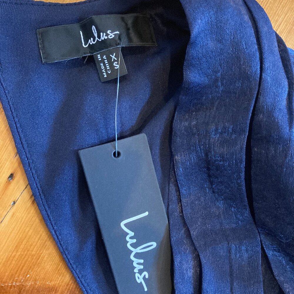 Never Worn With Tags! Lulus XS Navy Blue Satin Long Sleeve Tiered Maxi Dress